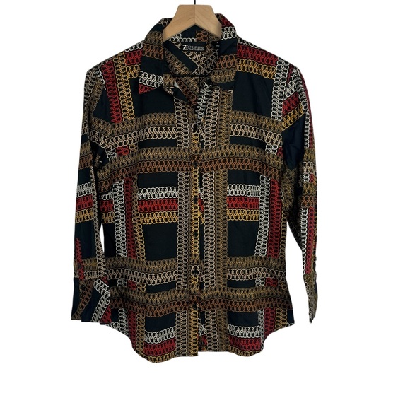 VTG Womens 7th Ave Black Gold Red Geometric Chain Pattern Button Up Blouse Top M - Picture 1 of 10